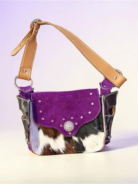 Purple Suede & Cowhide Shoulder Bag with Tan Leather Strap